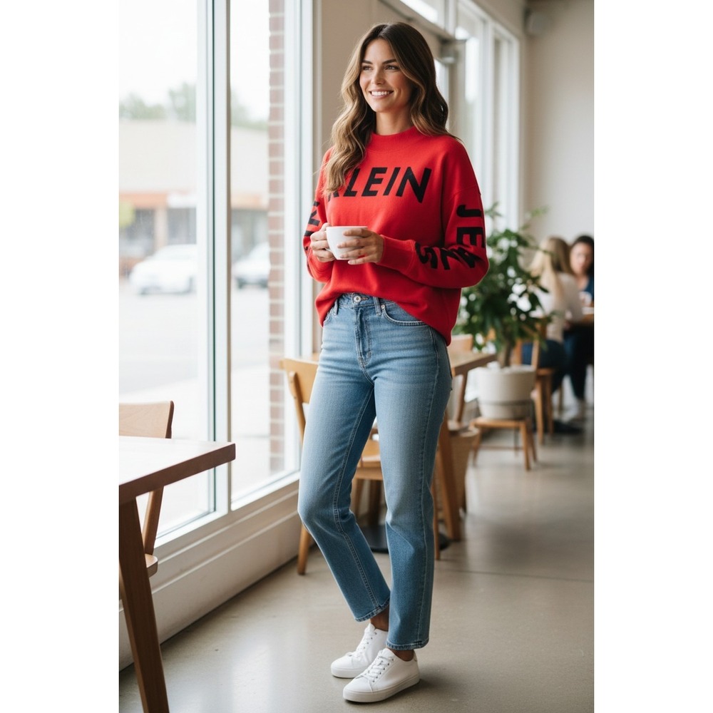 Calvin Klein Jeans Sweatshirt Women Red Graphic Logo Mock Neck Large